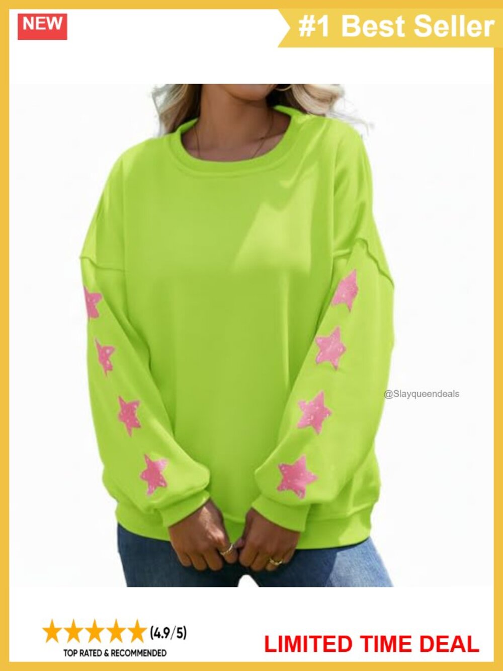 Oversized Fleece Crewneck Sweatshirt Star Sleeve Pullover Top
